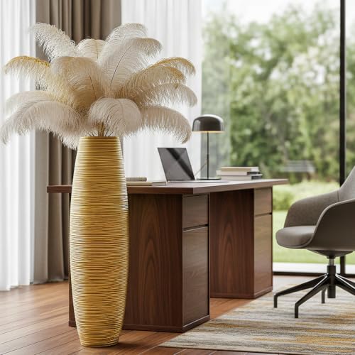 Large Floor Vase 35.4" Gloss Gold, Resin Wide-Body Vase with Horizontal Ribbed Texture for Dried Pampas Grass Branches, Modern Home Decor for Living Room Corner Entryway - color: Gold, size: 35.43 in
