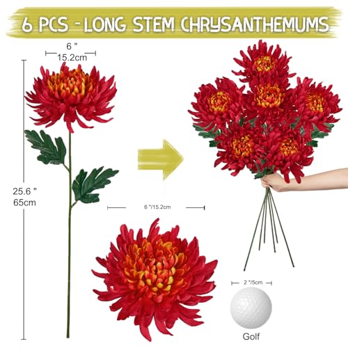 Briful 6 Pcs Orange Red Artificial Mums for Outdoors Fall – 25.6’’ Long Stem Faux Chrysanthemums, Large 6’’ Silk Fall Flowers for Wedding Bouquets, Centerpieces, Porch Décor, Indoor Home Decoration - color: Orange Red