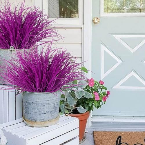 RECUTMS 12 Bundles Artificial Fake Grass Plants Flowers Faux Plastic Wheat Grass Outdoor UV Resistant Greenery Shrubs Plant for Outdoor Planters Wedding Outside Hanging Home Garden Décor(Pure Fuchsia) - color: Pure Fuchsia Grass