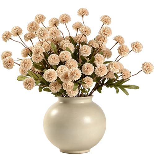 HNVNER Faux Flowers for Vase 10PCS, Beige Long Stem Artificial Flowers Indoor Silk Pompon Mum, Realistic Fake Filler Stem for Tall Vase, Farmhouse Home Decoration Table Centerpieces - color: Beige