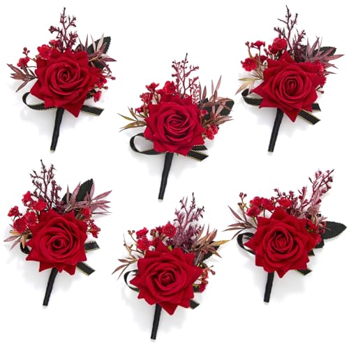 Serwalin 6 Pcs Red Boutonniere for Men, Artificial Silk Rose Flower Boutonniere for Groom Groomsmen and Best Man for Wedding, Prom, Homecoming, Anniversary, Formal Dinner Party Suit Accessories - color: Red, size: Boutonniere 6pcs