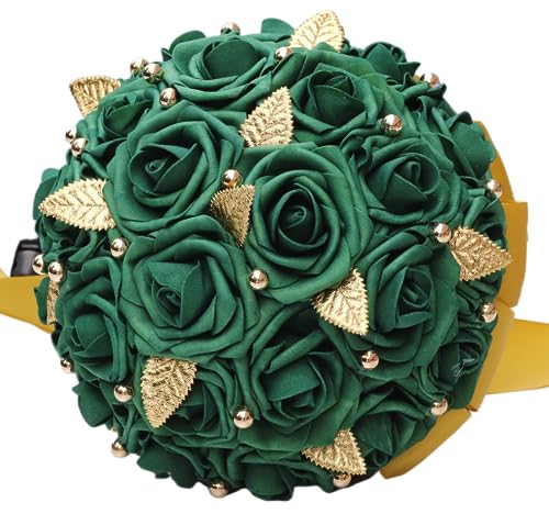 Handmade Wedding Bouquet Artificial PE Rose Bridal Bridesmaid Bouquet with Soft Ribbons Wedding Hand Holding Bouquet Artificial Fake Flowers Toss Bouquet(A-Emerald Green, 6.7"/17cm) - color: A-emerald Green, size: 6.7"/17cm