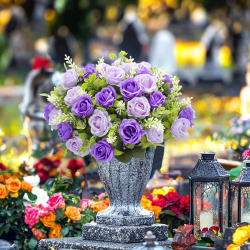 TURNMEON 40 Heads Fake Roses Artificial Flowers for Outdoors, 4 Bouquets UV Resistant Fake Flower Bouquet Faux Silk Roses for Wedding Birthday Party Home Mother's Day Cemetery Summer Decor(Purple) - color: Purple