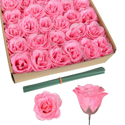 Pink Glitter Roses,30PCS Glitter Flowers Bouquet Artificial Roses with Stems for Wedding Party Christmas Home Decor(Pink with Silver Glitter) - color: Pink With Silver Glitter