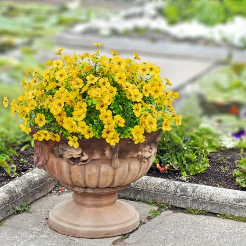 LikSoor 16 Bundles Artificial Flowers Outdoor Spring Summer Decoration Fake Silk Colorful Daisy Eucalyptus Realistic UV Resistant Outside Faux Plants for Garden Porch Window Box Home Decor(Yellow) - color: Yellow