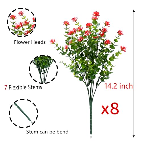 SITUMEIZI 8 Bundles Red Artificial Flowers Outdoor Fake Flower Plastic UV Resistant Shrubs Greenery Plants Hanging Decorations Garden Porch Window Box Farmhouse Outside Summer Indoor Decor - color: Red