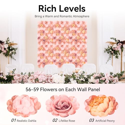 6 PCS Artificial Flower Wall Panels 3D Flower Wall Panel for Flower Wall Backdrop 16" x 24" Faux Flower Wall Mat Silk Hydrangea Rose Floral Panel for Party Wedding Wall Decorations Autumn Pink - color: Autumn Pink
