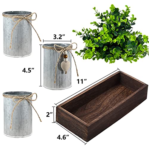 CALAVAK Decorative Centerpiece Wooden Tray with 3 Metal Potted Artificial Eucalyptus Rustic Country Home Décor for Dining Room, Living Room and Kitchen Table - style: Eucalyptus