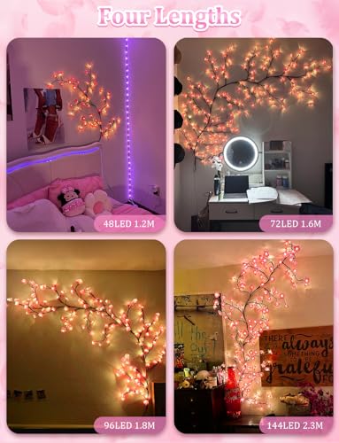 5.91 FT 96 LED Cherry Blossom Lights for Room Wall Decoration,Cherry Blossom Decor,2026 New Dimmable Light-Up Pink Bedroom Decor with Remote Timer,8 Lighting Modes - color: 96 LED Pink cherry blossom