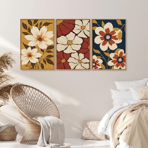 Rantodecor Large Vintage Floral Framed Canvas Wall Art Set, Mid Century Modern Wall Decor, Minimalist Retro Flowers Art Paintings, Beige Neutral Botanical for Bedroom Living Room Office 24"x36"x3 - color: Large Vintage Floral, size: 36"x24"