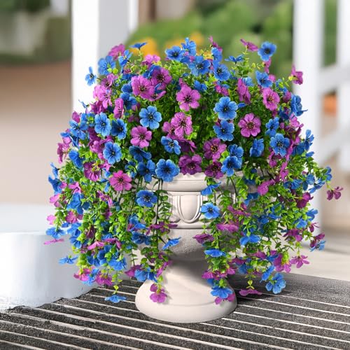 INQCMY 2Pcs Artificial Fake Hanging Flowers for Outdoors UV Resistant Artificial Plants for Spring Summer Decor Look Real Faux Flowers for Outside Home Planter Porch Patio Decor - color: Purple Blue