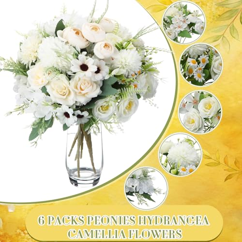 Tigeen 6 Bundles Artificial Bouquet Flowers Artificial Peonies Faux Roses Silk Flowers Hydrangea Bouquet for Wedding Table Centerpiece Floral Vase Decor(White) - color: White