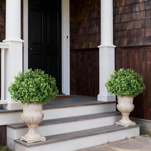 Set of 2 Artificial Boxwood Topiary Ball Trees for Front Door - Realistic Faux Aglaia Odorata Bush with Pot, Fake Eucalyptus Leaves Potted Plants for Porch Farmhouse Outdoor Decor (Green)