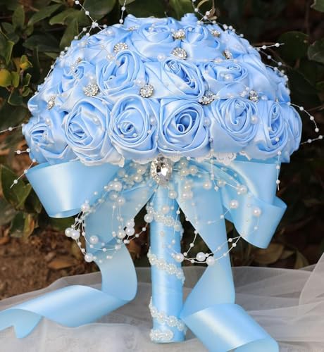 Ujicde Romantic Wedding Bouquet Bridal Bridesmaid Round Bling Brooch Bouquet Throw Toss Artificial Rose Flower Bunch with Sparkle Rhinestone Crystal Decoration(Light Blue,Dia. 6.3"*16cm) - color: Light Blue, size: Dia. 6.3"*16cm