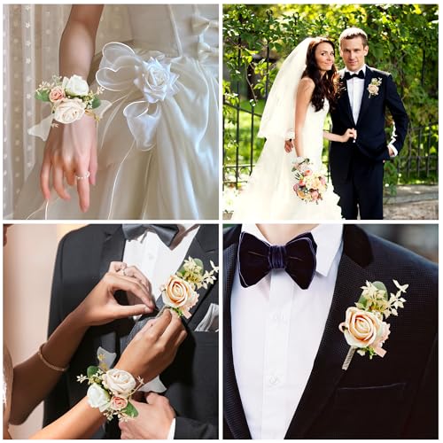 SITUMEIZI 2Pcs Champagne Corsage and Boutonniere Set Wrist Corsage Bracelets and Boutonniere for Men Wedding Prom Party Suit Decor - color: Champagne