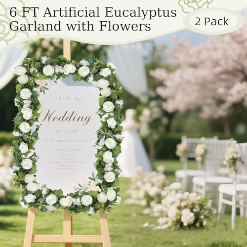 Lewondr Artificial Eucalyptus Garland with Flower - 8 Rose 8 Peony, 2Pcs 13FT Faux Floral Greenery Garlands Fake Flowers Vines, Maintenance-Free for Table Shelf Backdrop Party Room Decor, White - color: White, size: 2 Pack