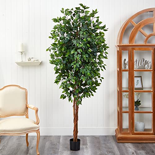 Nearly Natural 7ft Triple Trunk Artificial Ficus Tree with Natural Wood Trunks, Fake Tree For Indoor Home Decor, Faux Ficus Tree with Black Nursery Pot - size: 7ft, style: Tree in Pot
