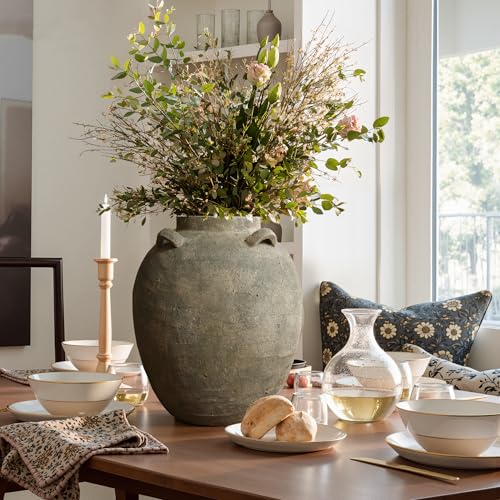 LuxenHome Rustic Ceramic Flower Vase,15 Inch Tall Brown Terracotta Cauldron Vase for Living Room Decor，Large Floor Vase Home Décor Accents,Round Vintage Pottery Vases Home Decor - size: Large