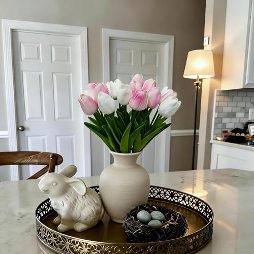 20pcs White and Pink PU Faux Tulips Flowers 13 Inch Fake Flowers Mother's Day Easter Valentine’S Day Gifts in Home Kitchen Wedding Dining Table Decoration - color: White and Pink