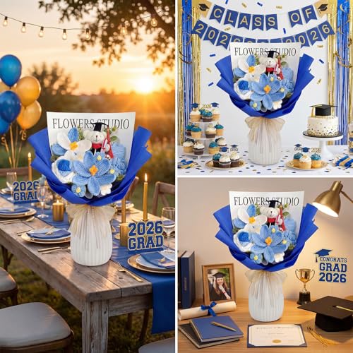 Giegxin Large Graduation Bear Flower Bouquet Set 2026 Crochet Graduation Bouquet Gift Hand Knitted Tulip Daisy Sunflower Rose Bouquets Greeting Card Gift Bag for Wedding Birthday Party Favors(Blue) - color: Blue