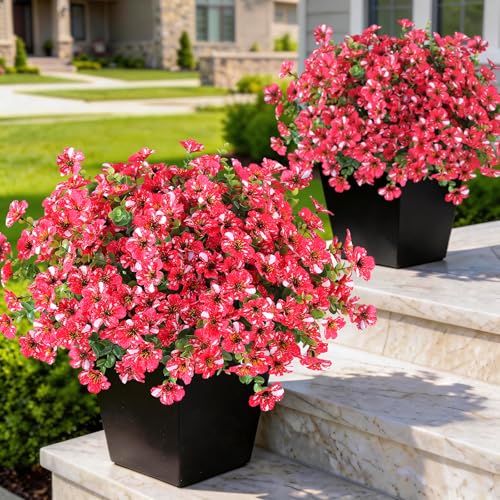 GLIDLION 12 Bundles Artificial Morning Glory & Eucalyptus for Outdoor, Realistic Fake Silk Flower UV Resistant Faux Plant for Front Door Patio Garden Farmhouse Decor (Rose Red) - color: Rose Red