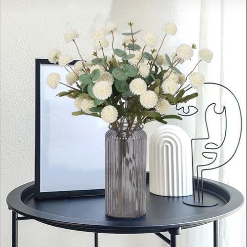 Fake Kiku Flowers,8 Stems Artificial Mum Flower with 3 Branches Eucalyptus Stems White Faux Flowers Silk Pom Pom Balls for Wedding Bouquet Home Office Party Floral Arrangements(White) - color: White