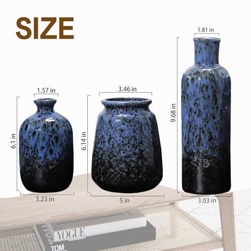 Ceramic Vases Set for Flowers, 3 Piece Pampas Grass Vase, Modern Farmhouse Boho Style Home Decor for Entryway Tables, Fireplaces, Shelves, Living Rooms and Kitchens, Navy Blue - color: Navy Blue
