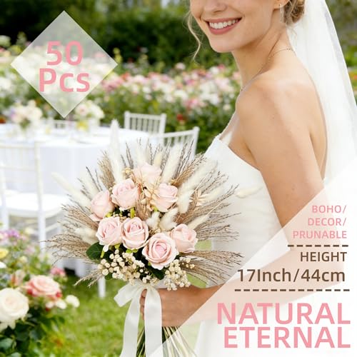 Dried Pampass Fake Roses Bouquet Fluffy Dried Feather with Reeds Bunny Tails Baby Breath Artificial Flowers for Wedding Bride's Bouquet Home Livingroom Pink Boho Decor Table Centerpieces