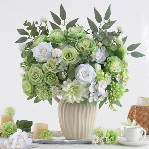 10 Pcs Mixed Artificial Flowers Set, Artificial Peony Bouquet Fake Rose Flower Silk Floral Arrangements for Table Centerpiece Home Wedding Party Bridal Vase Decoration(Green, 6 Bouquets & 4 Stems) - color: Green, size: Mixed 10pcs