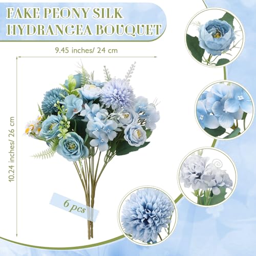 Tigeen 6 Bundles Artificial Bouquet Flowers Artificial Peonies Faux Roses Silk Flowers Hydrangea Bouquet for Wedding Table Centerpiece Floral Vase Decor(Blue) - color: Blue