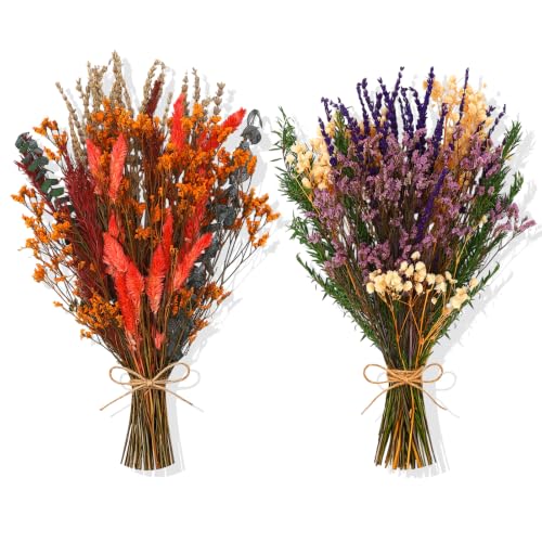 2 Pack Large Dried Flower Bouquets 15.7 inch Lavender Baby Breath Forget Me Not Boho Wedding Decor DIY Home Decorations Preserved Floral Arrangement Gifts Purple, Orange - color: Purple, Orange