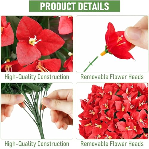 ATTGREAT Artificial Bougainvillea for Outdoors Faux Plants UV Resistant Flowers Fake Plastic Plants Realistic Silk Flowers for Porch Planter Garden Outside Hanging Decoration, 2Pcs (Red) - color: Red