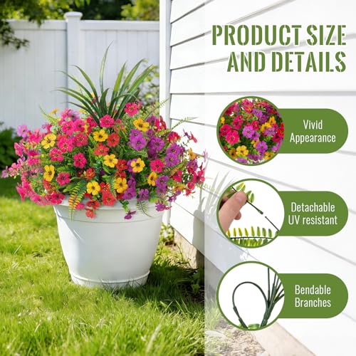 INXUGAO Artificial Fake Flowers Plants for Outdoor Spring Summer Decor, 12 Bundles Faux Silk Flowers for Outdoor Outside Planter Colorful Daisy UV Resistant Look Real for Front Door Porch Patio Yard - color: Mix 4 Colors Flowers+ferns+grass