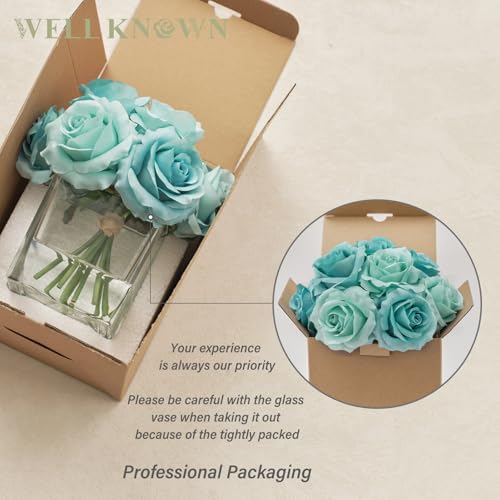 WELL KNOWN Rose Artificial Flowers in Vase with Faux Water, Silk Rose Table Centerpieces for Home Coffee Table Decor, Fake Roses Flower Arrangements for Office Hotel Lavatory Decor (Light Teal Blue) - color: Light Teal Blue