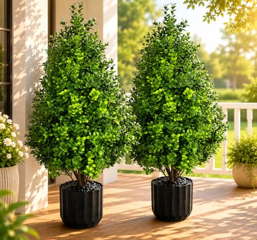 2PACK Artificial Potted Plants Boxwood Topiary Trees Outdoor Indoor with Planter,2.3FT Potted Faux Bushes in Pot Evergreen Fake Trees Outside Realistic for Front Door Porch Offices Garden - color: Boxwood Green