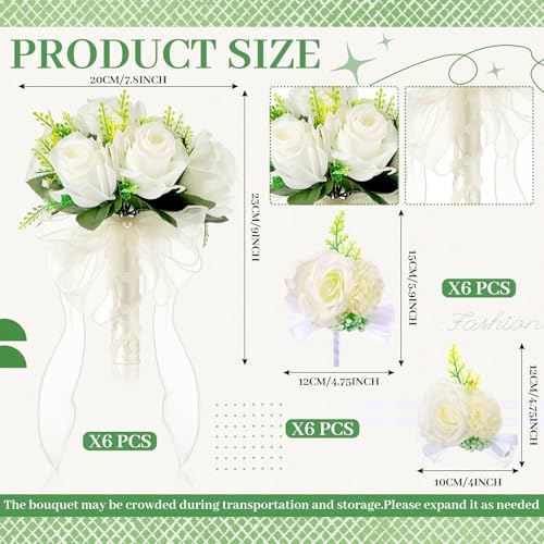 Set of 6 White Bridesmaid Bouquets Artificial Silk Flowers Wedding with 6 Boutonnieres & 6 Wrist Corsages Rose Bridal Party Decor Prom Anniversary