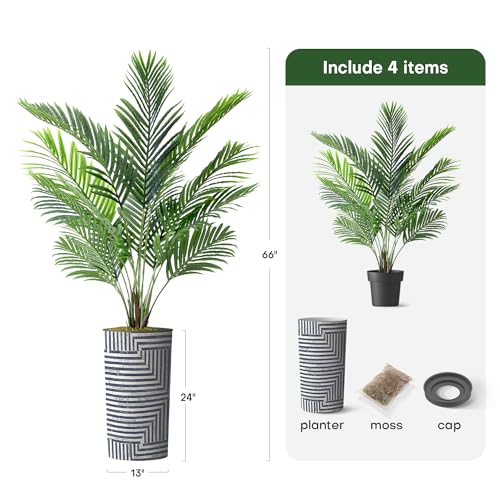 Artificial Tree in Modern Geometric Pattern Planter, Fake Areca Tropical Palm Silk Tree for Indoor and Outdoor Home Decoration - 66" Overall Tall (Plant Pot Plus Tree) - style: Areca Palm Tree