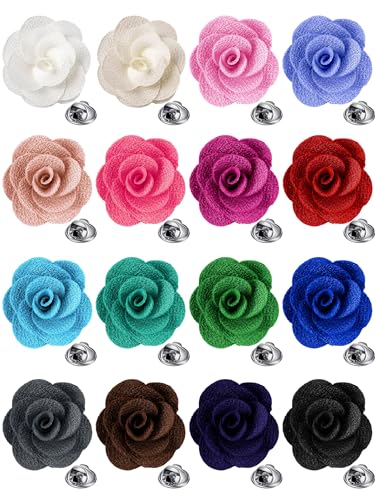 16 Pcs Lapel Flowers for Men Suits Flower Lapel Pins for Men Brooch Pins Handmade Satin Boutonniere - color: Rich Color, size: Elegant