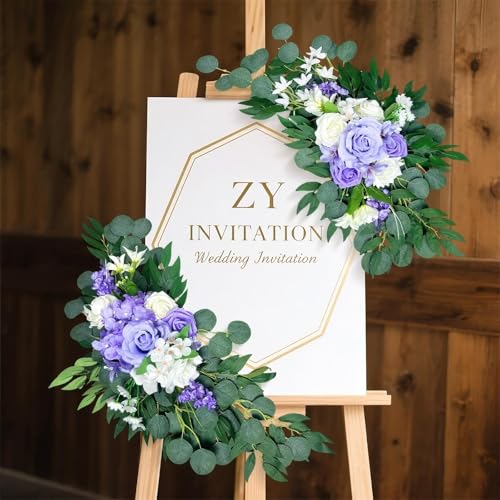 Artificial Wedding Arch Flowers (Pack of 2), White Wedding Flowers for Wedding Welcome Ceremony Sign Faux Floral Swags, Banquet and Reception Backdrop Floral Decoration (White & Purple) - color: White & Purple