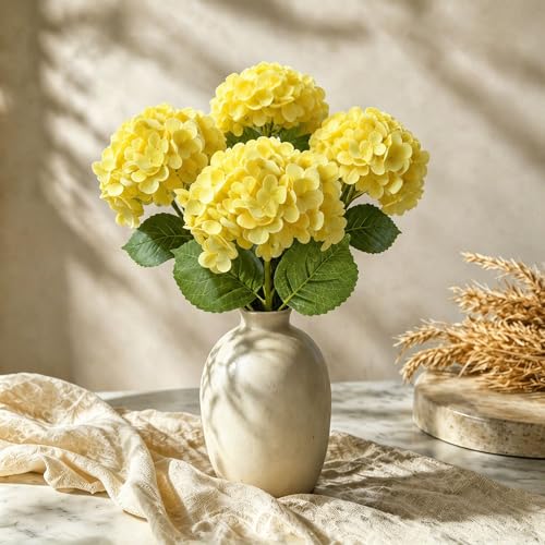 4 Pcs Faux Hydrangeas Real Touch Hydrangea Artificial Flowers Latex Large Fake Flower Long Stems for Wedding Home Party Table Centerpieces Decor (Yellow) - color: Yellow