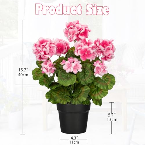 Briful Artificial Geranium Potted Plant – 16” Tall, Realistic Silk Flowers with Vibrant Green Leaves, Pink White Geraniums Fake Flowers for Outdoors Home Décor, Wedding Farmhouse Office Tables Decor - color: Pink