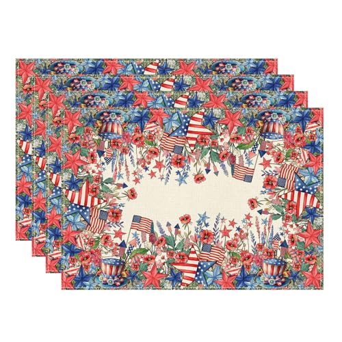 XCHI Watercolor Flowers America Stars Fireworks Memorial Day Placemats Set of 4 Table Mats 4th of July Patriotic Independence Day for Party Home Kitchen Dining Table Decorations 12x18 Inch - size: Placemats Set of 4 （12x18 Inch）