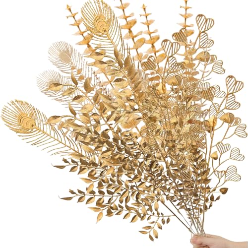 40 Pcs Gold Decor Fake Leaves for Christmas Decor 20inch Gold Leaf Artificiales para Table Wedding Home Room Office Decoracion - color: Gold