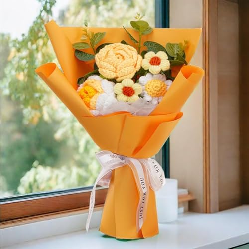 Crochet Flowers,Crochet Rose Flower, Crochet Bouquet Packaging Flowers Suitable for Table Decoration, Gifts for Mom,Women,Girlfriend Mother‘s Day,Valentine's Birthday Wedding Gift (Yellow) - color: Yellow