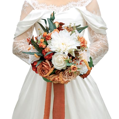 10 Inch Burnt Orange Bridal Bouquet,Fall Wedding Bouquet,Bride Bouquets for Wedding Ceremony Anniversary, Party and French Rustic Vintage Wedding,Artificial Flowers - color: Burnt Orange