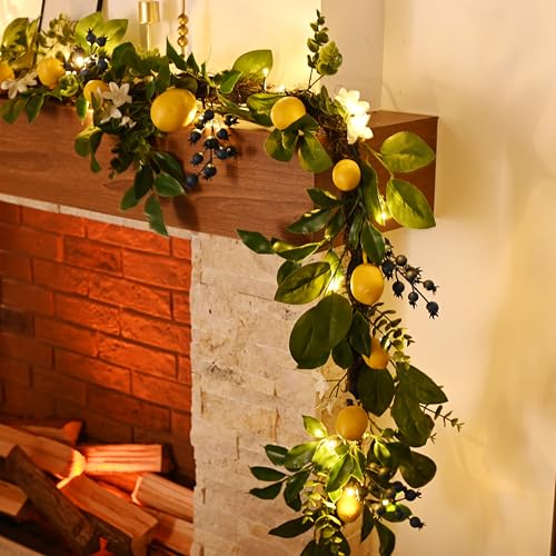 Valery Madelyn 6ft Artificial Lemon Garland for Mantel Summer Decor(Thick) | Faux Lemons Eucalyptus & Blueberry Summer Garland with Lights for Stairs Table Fireplace Farmhouse Kitchen Home Decor - size: Large