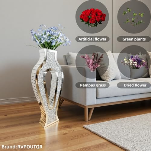 30'' Large Double Sided Crushed Diamond Vase, Tall Mirrored Sliver Vases for Floor,Decorative Vase with High-end Hollow Out Design for Home,Office,Hotel (11.8" L x 5.37" W x 30" H) - size: 11.8" L x 5.37" W x 30" H