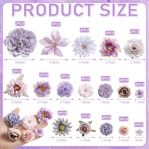 Artificial Flowers Heads Combo Purple Flowers Mix Silk Flowers Heads Bulk Faux Rose for Craft Garland Graduation Cap Wedding Bridal Baby Shower Home Party Decoration DIY Cake Decor - color: Purple