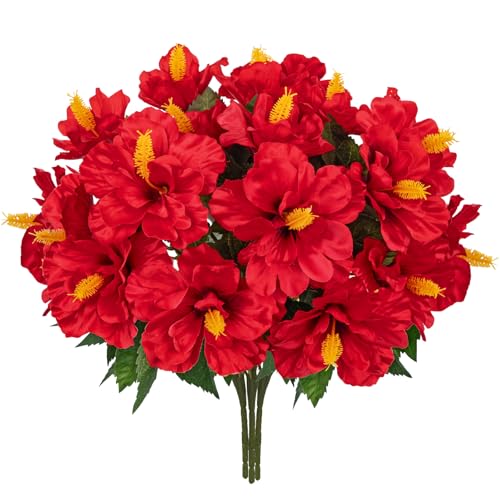 Briful 3 Bundles Artificial Hibiscus Flowers 13in, Short Faux Hibiscus Stems with Full Blooms, Silk Tropical Flowers for Small Vase, Hanging Basket, Centerpiece, Party, Indoor Outdoor Decor, Red - color: Red#944