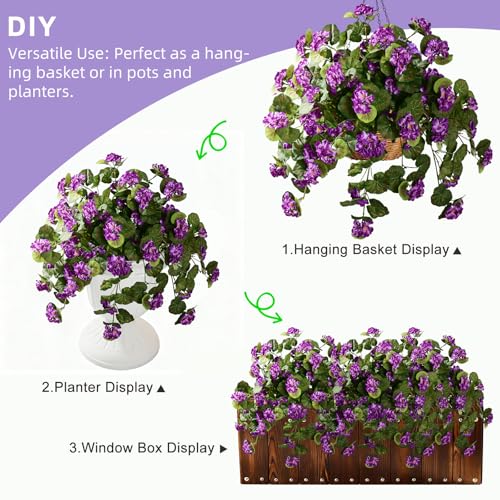 Artificial Geranium Flowers for Outdoor 2 Pcs Artificial Purple Flower Fake Flowers with Stems Silk Realistic Look Real Floral Arrangement for Front Door Porch Planter Patio Balcony (2 Pcs Purple) - color: 2 Pcs Purple